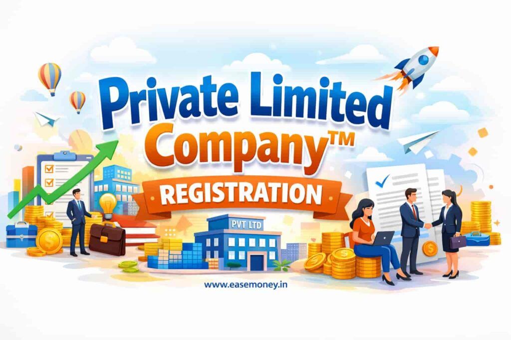 Private Limited Company Registration India illustration showing business growth, office setup and startup scaling