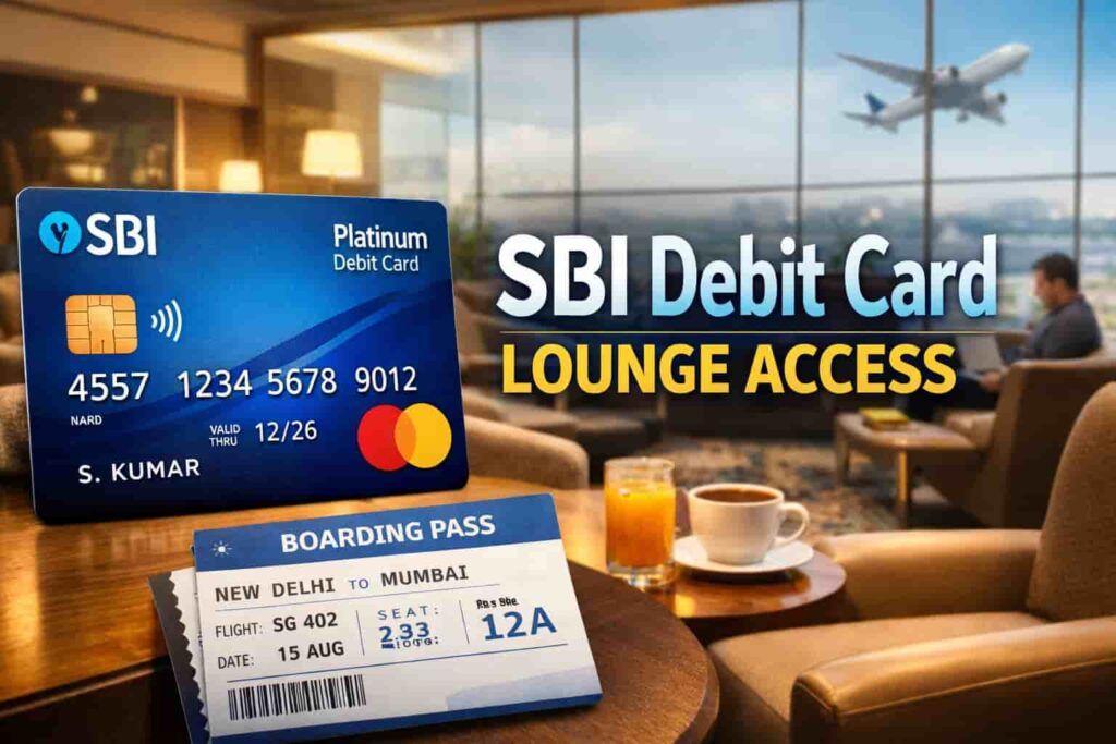 SBI debit card lounge access at airport lounge with boarding pass showing how eligible SBI Platinum and World debit cards allow entry
