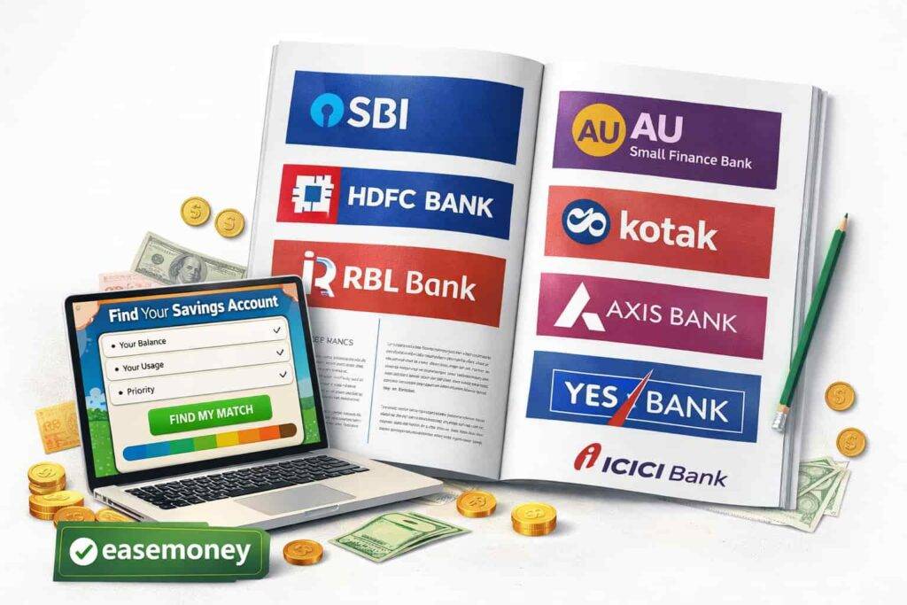 Magazine style savings account guide with multiple banks and online tool to compare interest rates and zero balance accounts in India