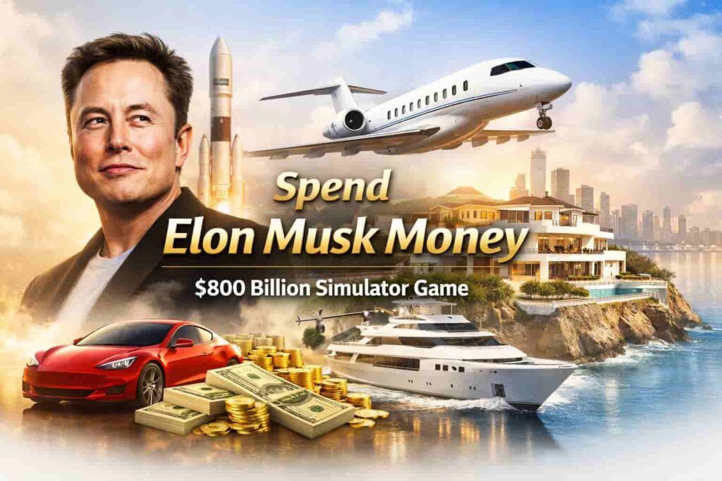 Spend Elon Musk Money simulator showing $800 billion billionaire spending game