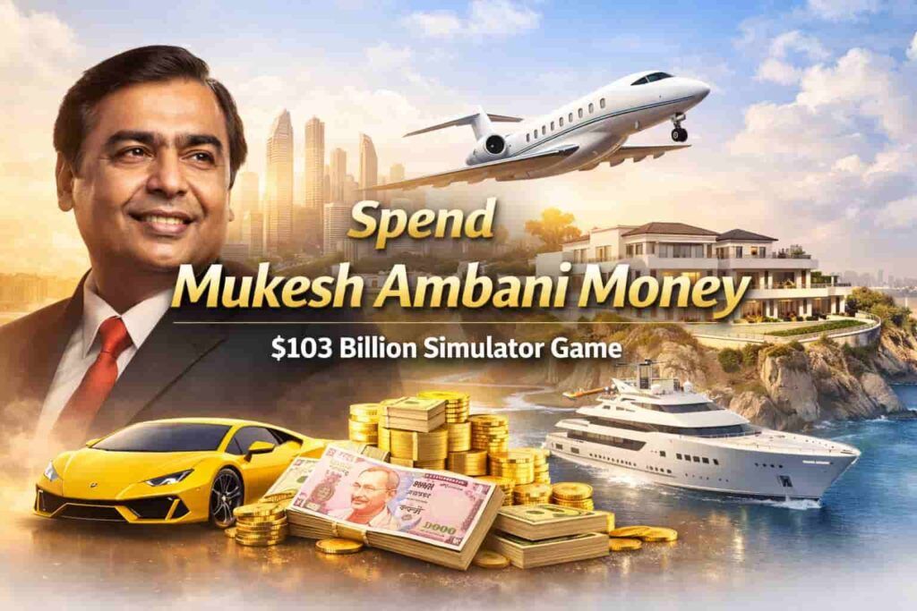 Spend Mukesh Ambani Money simulator showing $103 billion billionaire spending game
