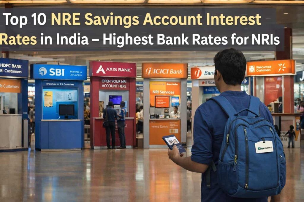 NRI traveler at airport comparing Indian bank kiosks showing top NRE savings account interest rates in India and highest bank rates for NRIs