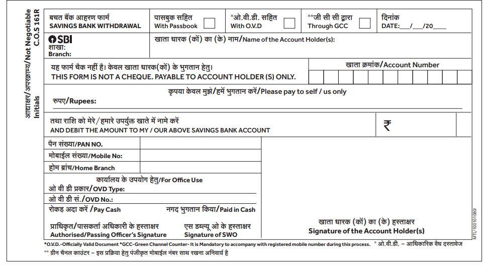 Annotated sample of SBI withdrawal slip showing how to fill date, account number, and amount in words